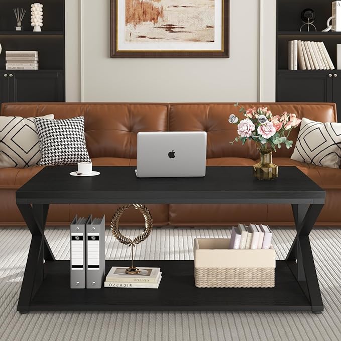 Launica Modern Coffee Table with Storage, Farmhouse Living Room Table, Minimalist Rectangle Center Table, Industrial Vintage Wood Tea Table, 39 Inch, Black Oak