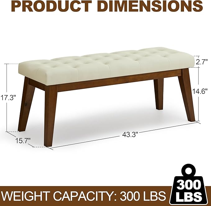 43.5'' Faux Leather Bedroom Bench, Upholstered End of Bed Bench with Tufted Button, Padded Vintage Dining Bench, Entryway Bench with Solid Wood Legs, Kitchen, Living Room, Hallway, Beige Tufted