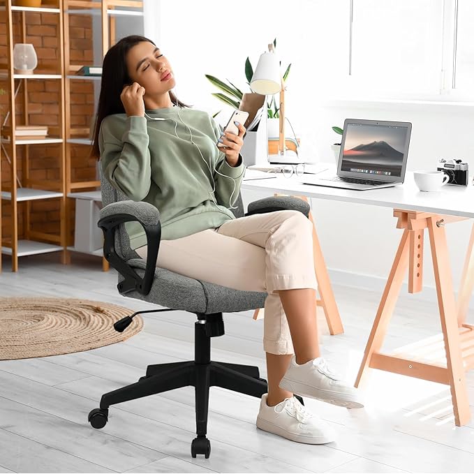 CLATINA Fabric Home Office Chair Linen Cloth Ergonomic Swivel Desk Chair with Padded Armrests, Adjustable Height Swivel Rolling Computer Task Chairs for Work, Conference, Study, Grey