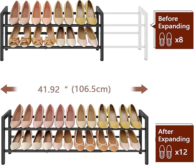 FAVOOSTY 2-Tier Expandable Shoe Rack, Adjustable Shoe Shelf Storage Organizer Space Saving Metal Free Standing Shoe Rack for Entryway Closet Doorway, Black