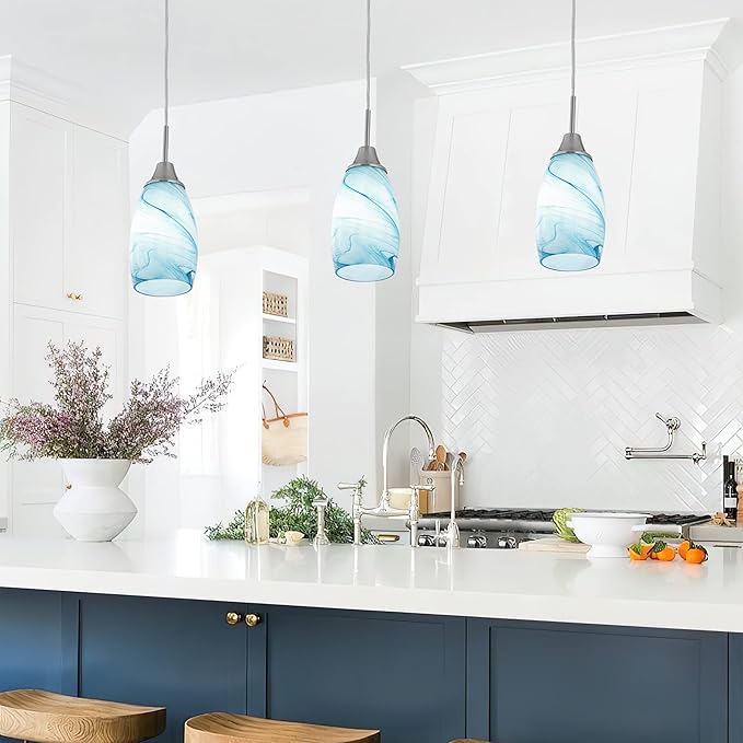 Mini Glass Pendant Light 1-Pack with Handblown Blue Marble Art Oval Glass Lamp Ceiling Hanging Light 4.72" Glass Chandelier for Dining Room Kitchen Foyer Hallway