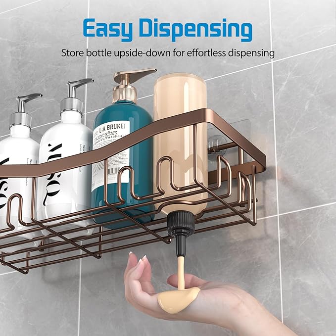 Adhesive Shower Caddy, No Drilling Bath Organizers 5 Pack, Rustproof Shelves with Soap Holder & Toothbrush Holder, Bathroom Organizers and Storage, Bronze