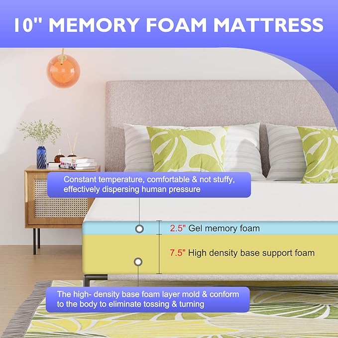 PayLessHere 10 Inch Gel Memory Foam Mattress Medium Firm Mattresses CertiPUR-US Certified Bed-in-a-Box Pressure Relieving California King Size,Fiberglass Free，White