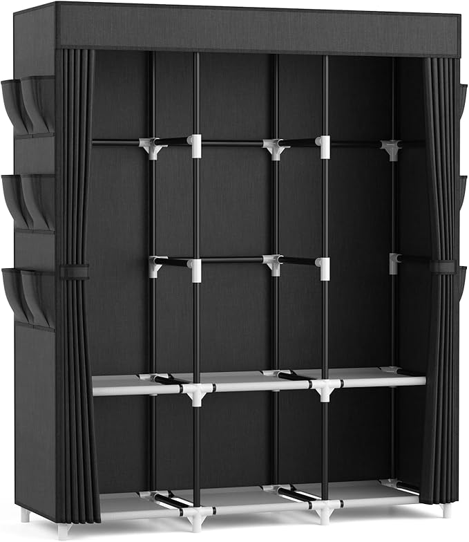 VTRIN Portable Closet for Hanging Clothes 52 Inch Wide Portable Wardrobe Closet with Cover, 6 Storage Shelves and 3 Hanging Rod, Diameter 19mm Metal Pipe, Sturdy Closet for Bedroom, Black