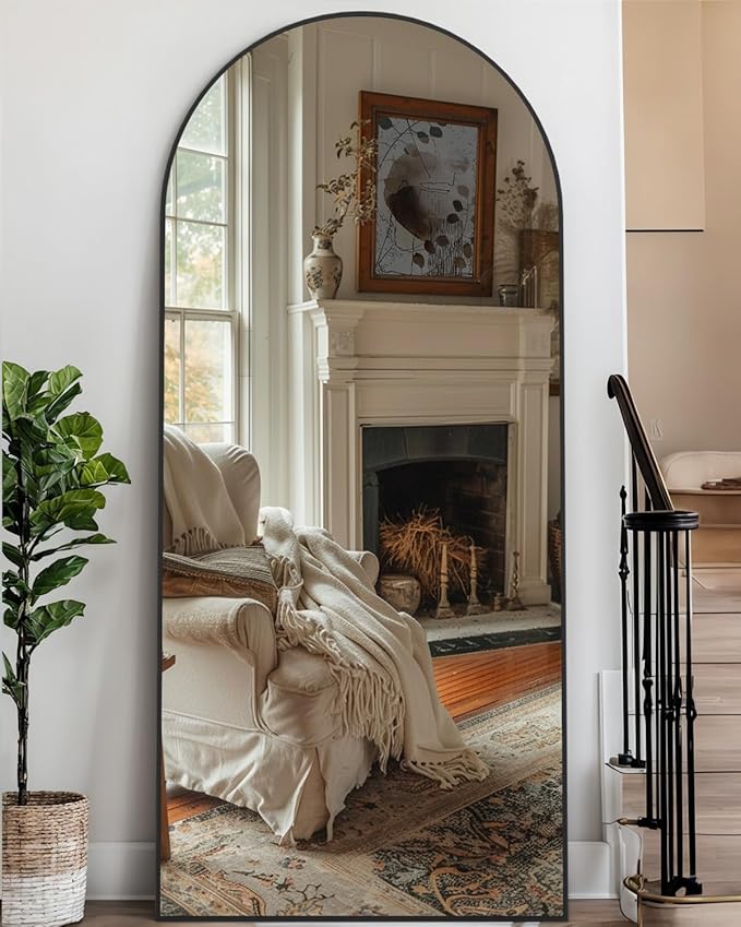 Full Length Mirror with Stand, 68"x26" Arched Full Body Mirror, Large Stand Up Mirrors, Aluminum Frame Floor Standing Mirrors, Freestanding Hanging Leaning Mounted for Bedroom Living Room Black