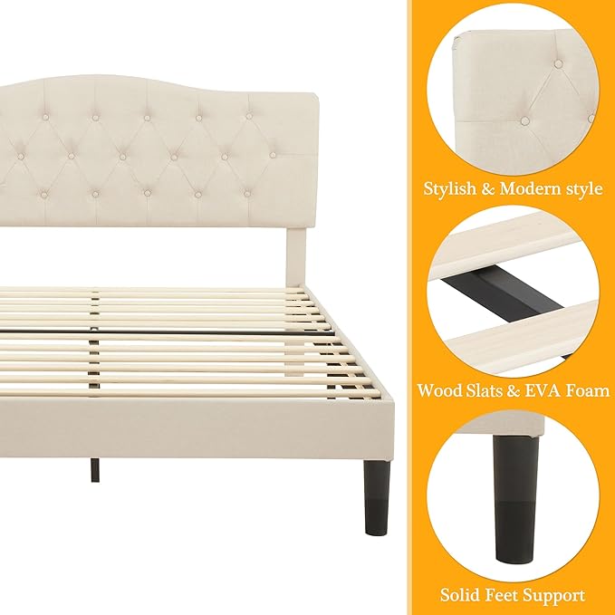 VECELO Full Size Bed Frame Upholstered Platform with Tufted Adjustable Headboard/Mattress Foundation with Wood Slat Support, Easy Assembly,Beige