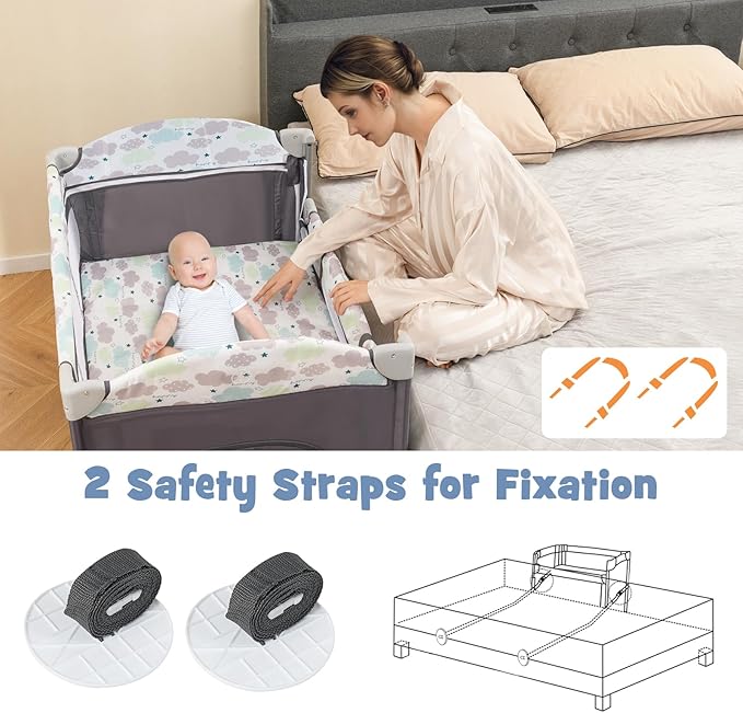 BABY JOY 5-in-1 Pack and Play, Portable Baby Bedside Sleeper with Bassinet, U-Shaped Diaper Changer, Safety Strap, Side Zipper Entrance, Hangings, Bedside Crib Playard from Newborn to Toddlers (Gray)