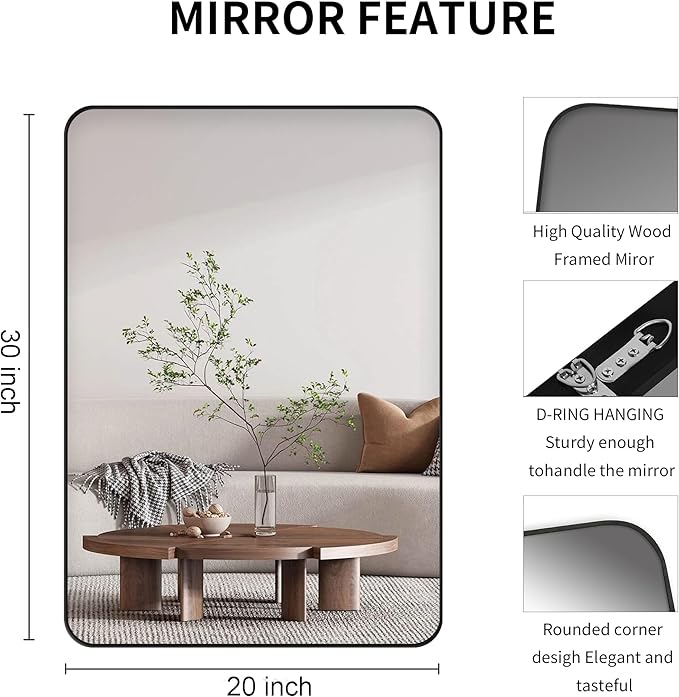 Black Bathroom Mirror,Rectangle 20 x 30 Inch Vanity Wall Mirror,Modern Mirror for Wall,Wood Rectangular Mirror for Bedroom Living Room Entryway