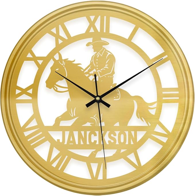 Personalized Name Western Cowboy Wall Clock, Custom Horse Riding Vinyl Record Hanging Clock with 7 Color Changing, Iron Art Clock, Hanging Decor for Bedroom, Living Room, Home, Office, Housewarming
