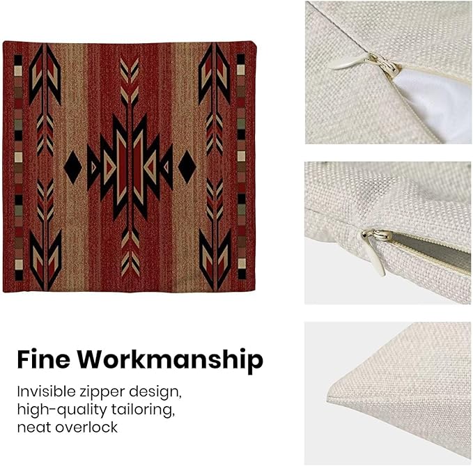 Boho Red Carpet Throw Pillow Covers 18x18 Inch Set of 2, Rustic Tribal Decorative Throw Pillow Covers Antique Red Linen Outdoor Cushion Cover for Sofa Couch Farmhouse Room Bed Decor