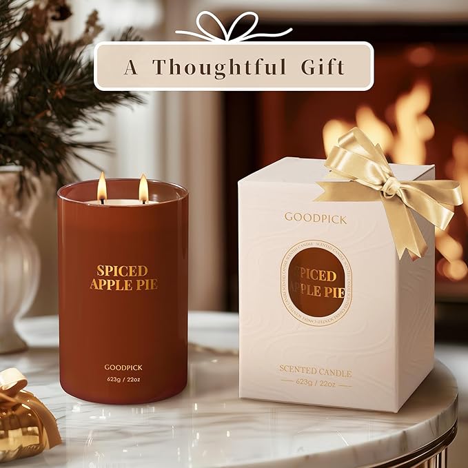 Goodpick Candle Spiced Apple Pie, Fall Candles for Home Scented, 22oz Soy Wax, Warm Cinnamon 120hrs, Cozy Baking Gift