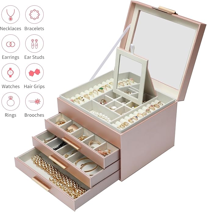 BOOVO Clear Lid Jewelry Box,3 Layers Jewelry Organizer Large Jewelry Storage Box with 2 Drawers,Jewelry Holder Organzier of Rings Earrings Necklace Bracelets for Women (Rose Gold, 4 Layer)