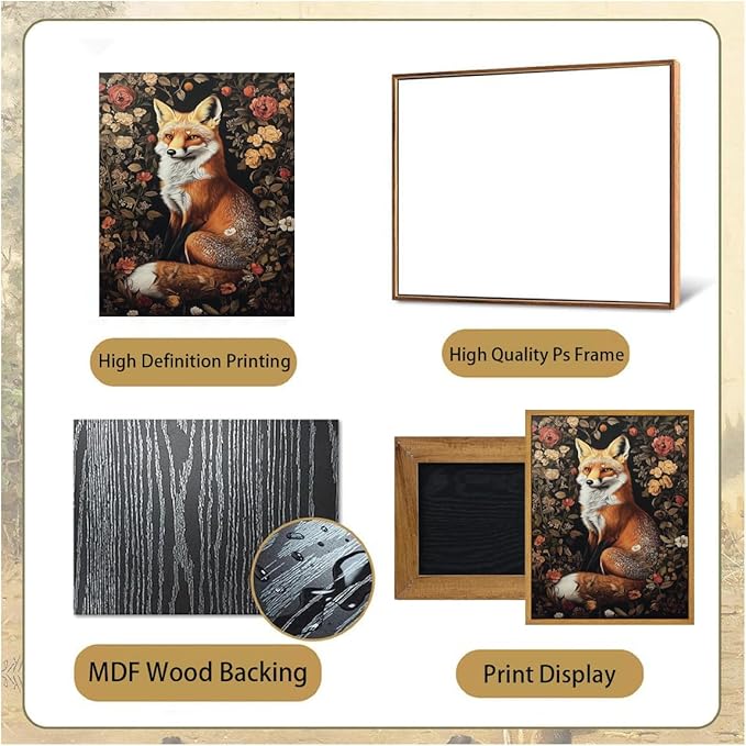 Djmwtb William Morris Framed Wall Art Fox Canvas Wall Art Prints Vintage Animal Painting Boho Flower Floral Botanical Pictures Artwork for Living Room Bedroom Office 12x16in