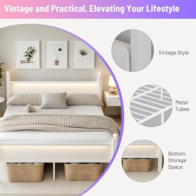 Full Size Bed Frame with Headboard and Footboard,Steel Slats Support-LED Bed Frame with USB Charging Station,Mattress Foundation-Under Bed Storage,No Box Spring Needed,Noise Free,White