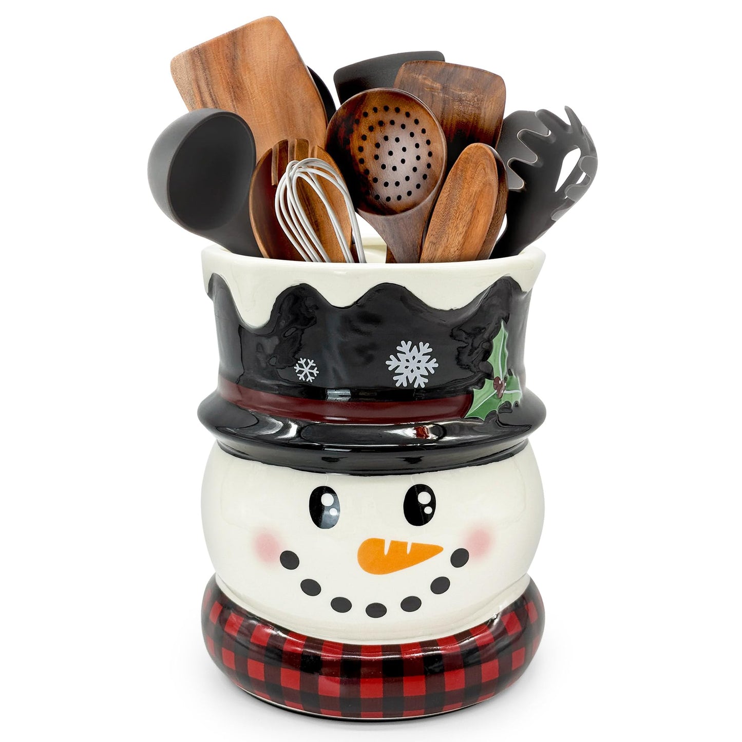 pinata Christmas Kitchen Decor Ceramic Snowman Utensil Holder, Cute Christmas Utensils Holder, Xmas Ceramic Utensils Crock for Rustic Farmhouse Indoor Kitchen Decorations(6.3 Inches)