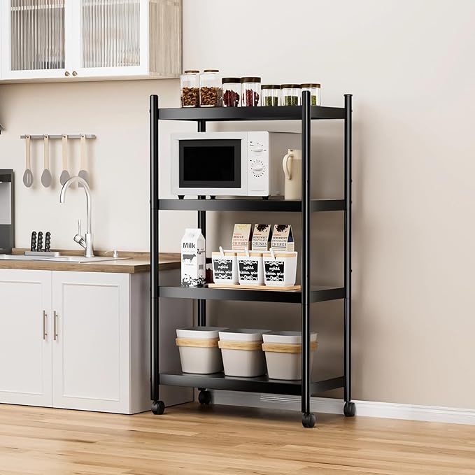 VETALLO 4 Tier Mobile Shelf Kitchen Appliance Metal Shelving Storage Rack Heavy Duty Shelves Standing Units with Rolling Wheels for ktichen,Pantry, Garage,Laundry (29.6" L x 13.7" W x 47" H)
