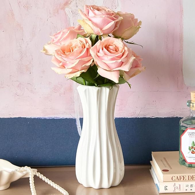 8 Inch White Ceramic Vase, Modern Flower Vases for Centerpieces Decorative Vase Home Decor, Minimalist Tall Vases for Bouquet Table Living Room Office Wedding Farmhouse Decor