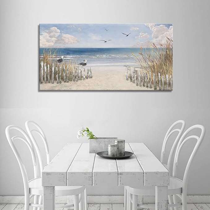 XXMWallArt FC3750 Sandy Beach Wall Art Canvas Print Wall Art Seascape Blue Print Painting Abstract Coastal Picture Modern Ocean Artwork for Living Room Bedroom Bathroom Office Wall Decor