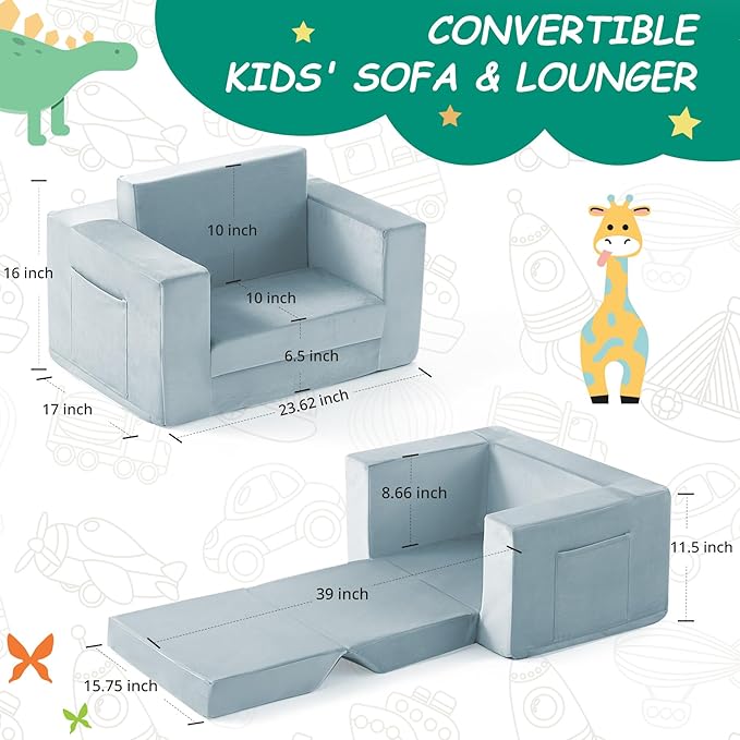 Kids Couch, 2-in-1 Toddler Chair Comfy 1-3 Years, Convertible Kids Chair, Toddler Couch That Fold Out, Kid Lounge Chairs for Boys and Girls, Soft Coral Fleece, Blue