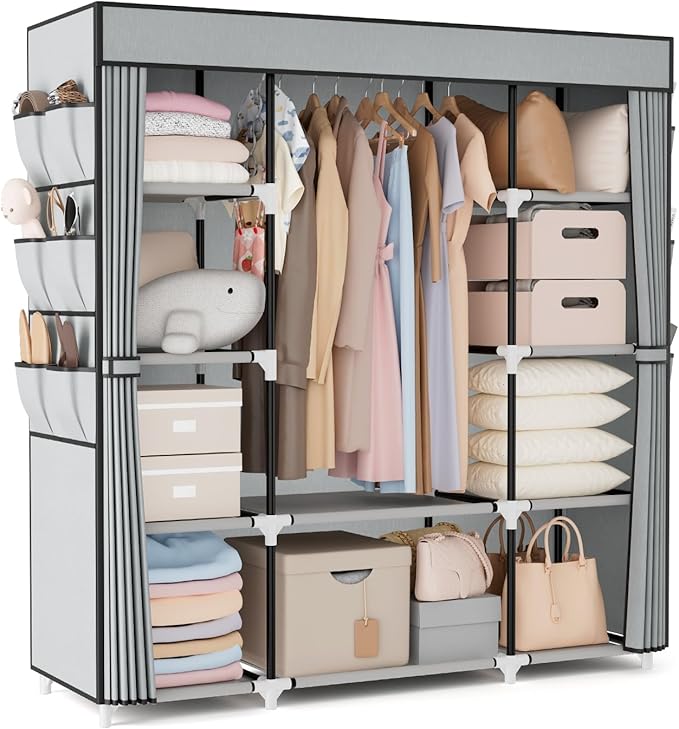 VTRIN Portable Closet Wardrobe for Hanging Clothes 57.3 Inch Large Capacity Clothes Rack with Cover, 10 Storage Organizer Shelves, 1 Hanging Rods and 6 Pockets, Free Standing Closet for Bedroom, Grey