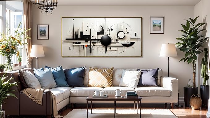 Abstract Wall Art Black and White Modern Artwork Geometric Line Art Canvas Painting Wall Decor for Living Room Bedroom Dining Room Home Office Decor 24"x48" with Framed…