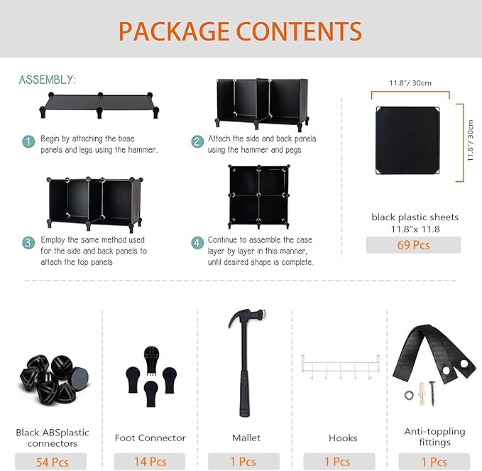 HOMIDEC 20-Cube Black Storage Organizer, Modular Shelf With Hammer, Storage Bin Cabinet Closet Bookshelf for Living Room, Bedroom, Office, Each Cube Size 11.8 x 11.8 Inch