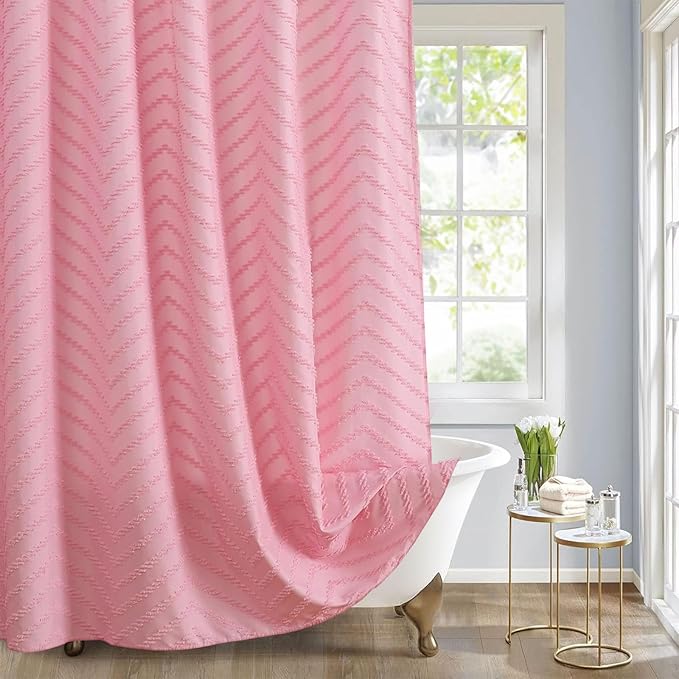 Pink Boho Shower Curtain Woven Fabric Cute Shower Curtain Modern Farmhouse Textured Tufted Chevron Striped Minimalist 72 x 78 Bathroom Shower Curtains