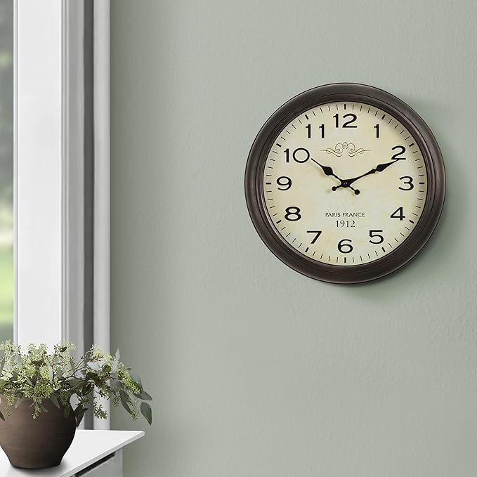 16 Inch Vintage Wall Clock, Silent Non-Ticking Quartz Battery Operated Decorative Clock for Home, Kitchen, Living Room, Dining Room, Office, Antique Brown Arabic Number