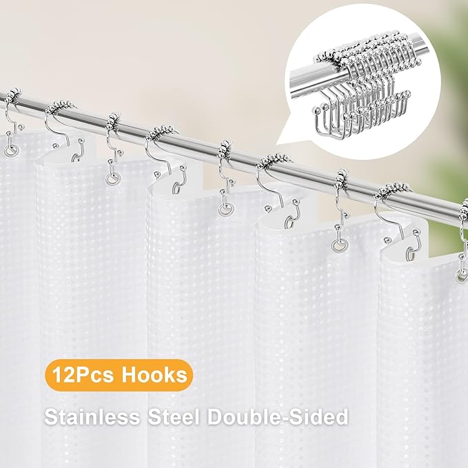 3 in 1 Stall Half Size Shower Curtain Set-36W x 72 H, White Waffle Waterproof Fabric and PEVA Liner Set with Stainless Steel Hooks