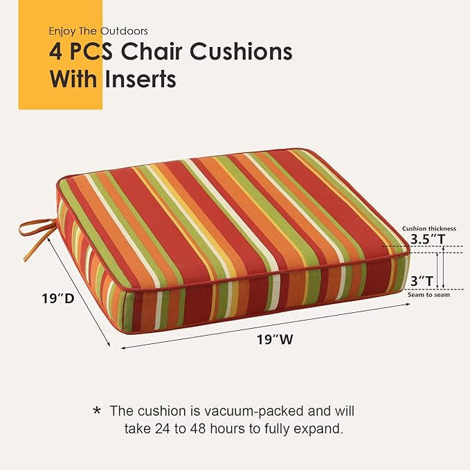 Outdoor Square Corner Seat Cushion, 19"x19"x3", Set of 4, Non Slip Seat Cushion Pads with Removable Cover for Patio Furniture, Garden Yard Lawn, Rainbow Stripe