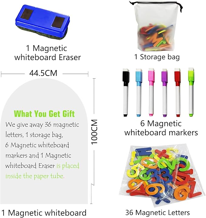 Magnetic Whiteboard Wall Arch Decal 40" x 17.3" Adhesive Dry Erase White Board Sticker with 36 Magnetic Letter for Kid Removable Contact Paper Peel and Stick Whiteboard Wallpaper Roll