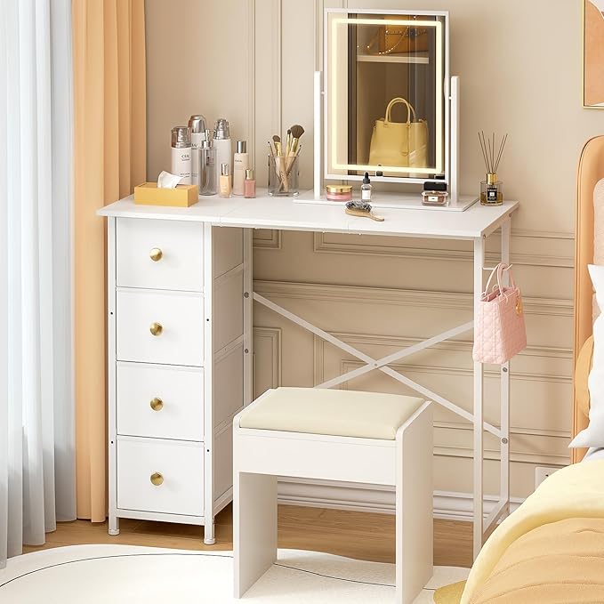 Vanity Desk No Mirror, Small Makeup Vanity with 4 Fabric Drawers, White Dressing Table for Small Spaces, 35.4 Inches Girls Makeup Table Bedroom