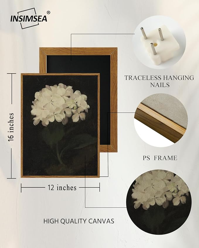 InSimSea Framed Wall Art for Living Room Decoration Canvas Wall Art Room Decor White Hydrangea Oil Painting Canvas Prints Bedroom Bathroom Wall Art Kitchen Office Wall Decor 12x16in