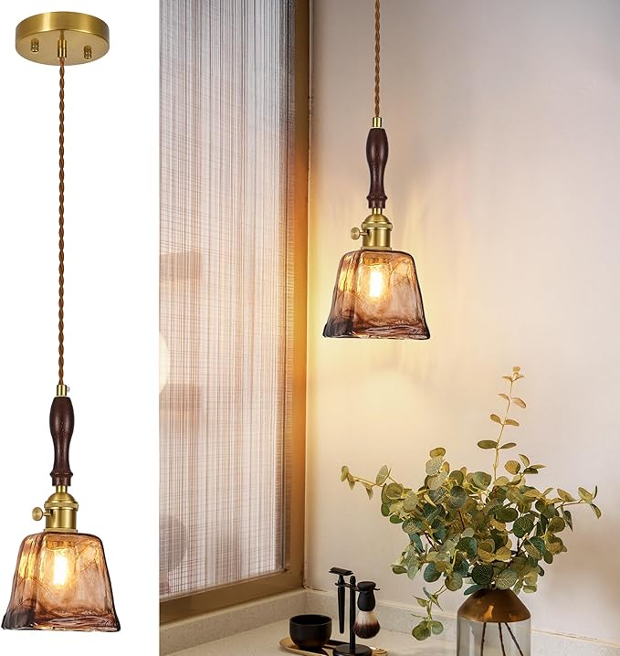 Amber Glass Vintage Pendant Light Height Adjustable Handmade Glass Pendant Lights Kitchen Island Gold Hanging Light Fixture with Wood Handle for Bedroom Dining Room Hotel (1 Pack)