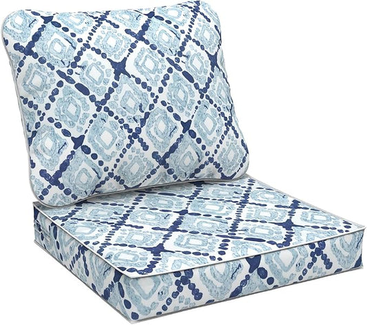 Outdoor Deep Seat Cushions Set 24 x 24 Inch for Patio Furniture,Water Resistant Chair Cushions Replacement Includes Seat Cushion & Back Pillow for Couch Sofa, Wicker Chair - Boho Geometry Blue