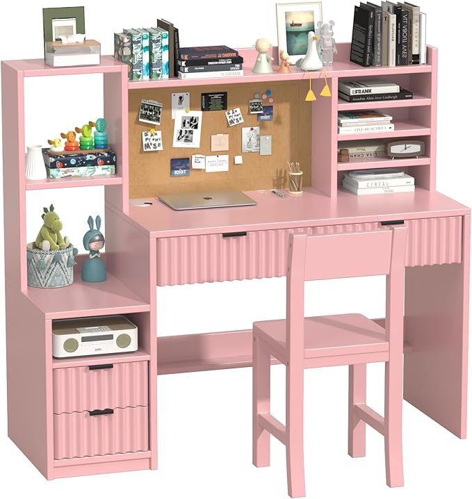 Pink Wooden Kids Fluted Desk and Chair Set,Kids Study Desk with Storage Shelves,Kids Study Table and Chair Set with 4 Fluted Drawers,Girls Study Desk for Kids with Hutch for Bedroom-Q3o2V0