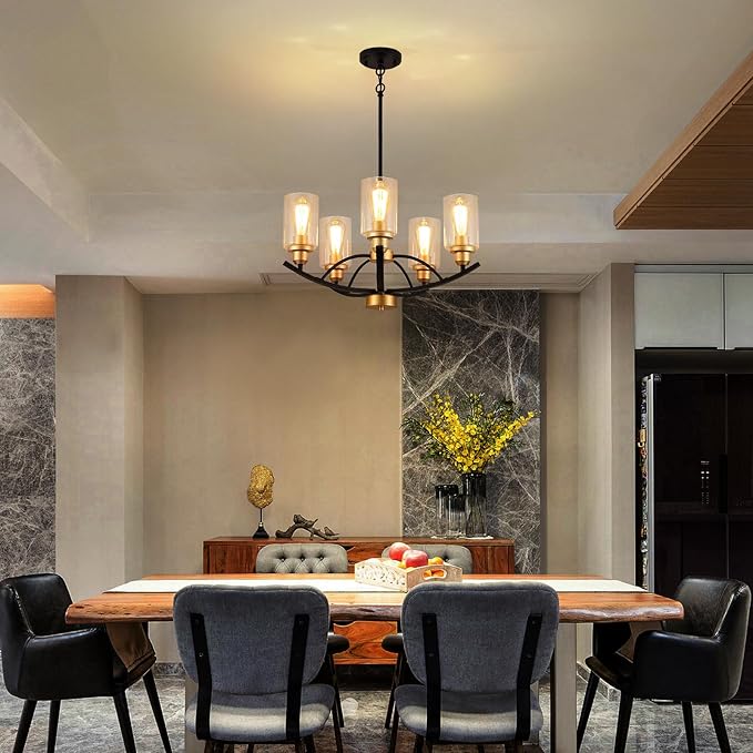 9MMML 5 Lights Glass Chandelier,Wrought Iron Pendant Light Fixtures, Gold+Black Finish Kitchen Island Lighting for Dining&Living Room Foyer Bar