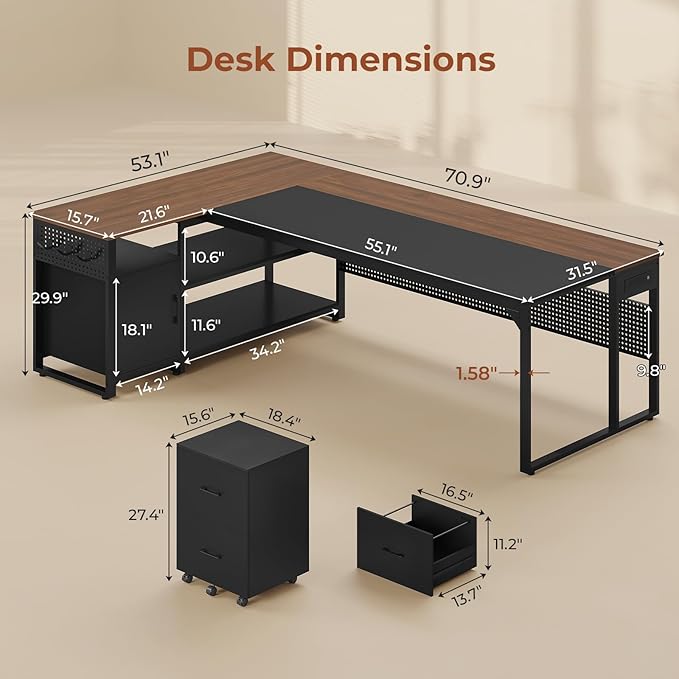 71" Executive Desk, Reversible L Shaped Desk with Mobile File Cabinet & Power Outlets, Large Office Desk with Drawers, Storage Shelves, Hooks, Corner Computer Desk for Home Office (Walnut)