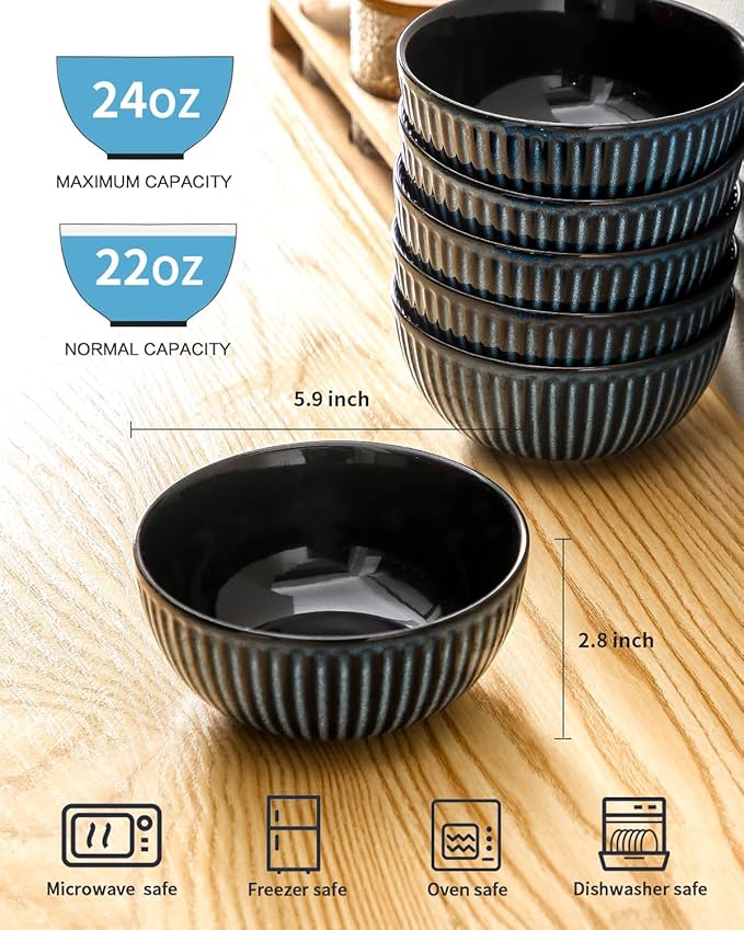 Hasense Porcelain Cereal Bowls Set 24 Oz - 6 Inch Soup Bowl Set of 6 for Kitchen,Modern Ribbed Ceramic Dishes for Entertaining,Soup,Oatmeal,Pasta,Cereal,Noodle - Dishwasher & Microwave Safe, Blue