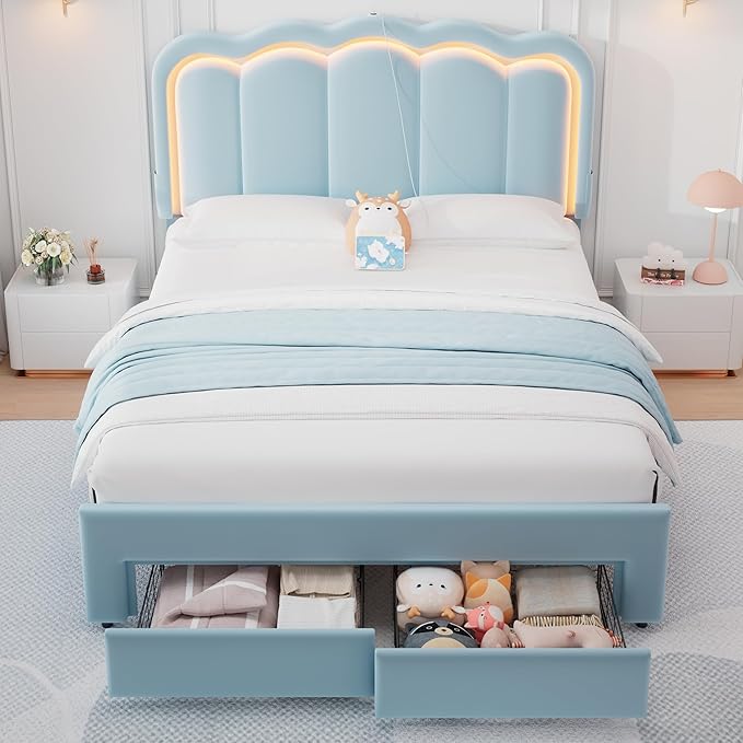 Queen Upholstered LED Bed Frame with 2 Storage Drawers and Adjustable Chic Double Wavy Headboard, Velvet Princess Platform Bed with Charing Station, Solid Wood Slats Support,No Box Spring Needed,Blue