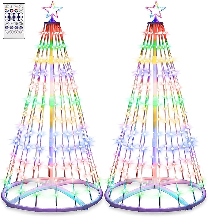 2 Pack 9ft Christmas LED Cone Tree Lights Outdoor Decoration 24 Modes Color Changing with Timer Foldable Lighted Yard Trees Waterproof String Lights Holiday Decor for Christmas New Year Xmas