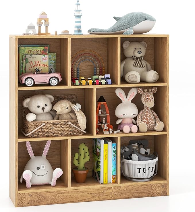Costzon Wooden Toy Storage Organizer, 8-Cube Kids Bookshelf w/ 2 Anti-Toppling Kits, 3 Tier Open Shelves & Non-Slip Foot Pads, Book Shelf for Kids Rooms, Playroom, Classroom, Nursery (Natural)