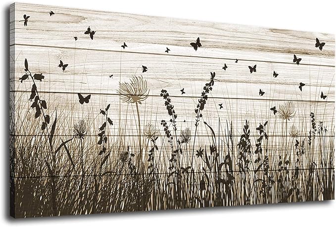 Wildflower Wall Art Autumn Canvas Picture Butterfly Grass Dandelion Artwork Vintage Wooden Board Painting Prints for Bedroom Living Room Office Home Kitchen Wall Decor Framed Ready to Hang 20" x 40"
