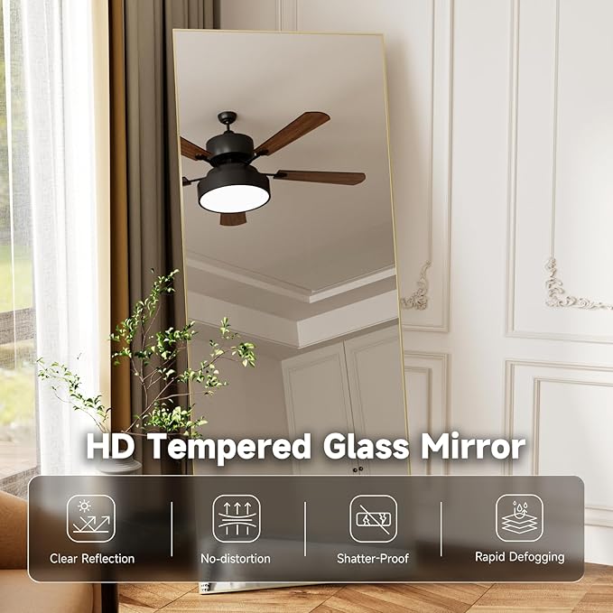 69"x24" Full Length Mirror, Gold Tempered Glass Rectangle Floor Standing Mirrors, Wall Mounted Hanging Aluminum Alloy Frame Bedroom Floor