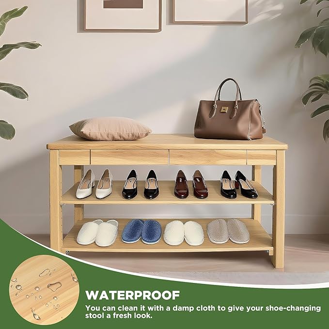Wood Shoe Bench Entryway with Drawer: 2-Tiers Wooden Storage Shoe Rack with Bench Seat, Compact Mid-Century Modern Design for Entryway, Hallway,Closet,Front Door Entrance,Foyer Natural 39.3"