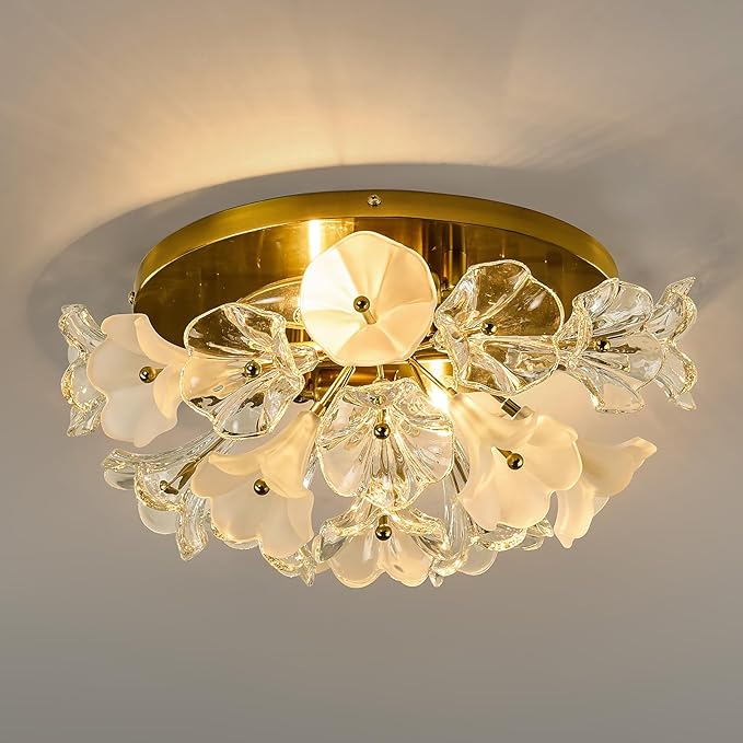 2-Light Modern Glass Flush Mount Ceiling Light Fixture Vintage Gold Chandelier Metal E12 Ceiling Lamp for Farmhouse Hallway Bedroom Kitchen Living Room Closet