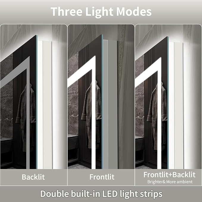 LED Mirror for Bathroom, 66x36 Inch Backlit + Front Lighted Bathroom Vanity Mirror with Lights for Wall, Double Light Strips, 3 Colors, Shatter-Proof, Anti-Fog and Brightness Memory