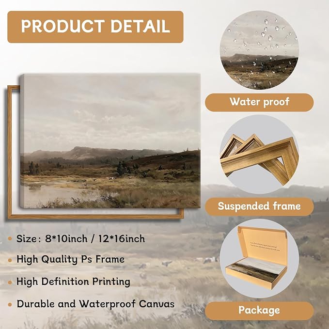 Floating Framed Vintage Canvas Wall Art Decor – Scenic Landscape Paintings Pictures Prints, Nature Countryside Wall Decor for Living Room Bedroom Office and Home Decoration 12x16 inch