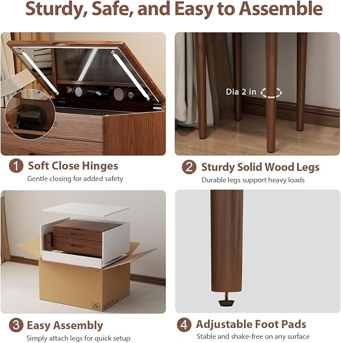 Solid Wood Small Vanity Desk with Mirror and Lights, Narrow Makeup Vanity for Small Space, Flip Top Vanity Side Table, 3 Color Modes & Adjustable Brightness, 23.6" Slim Dressing Table, Walnut