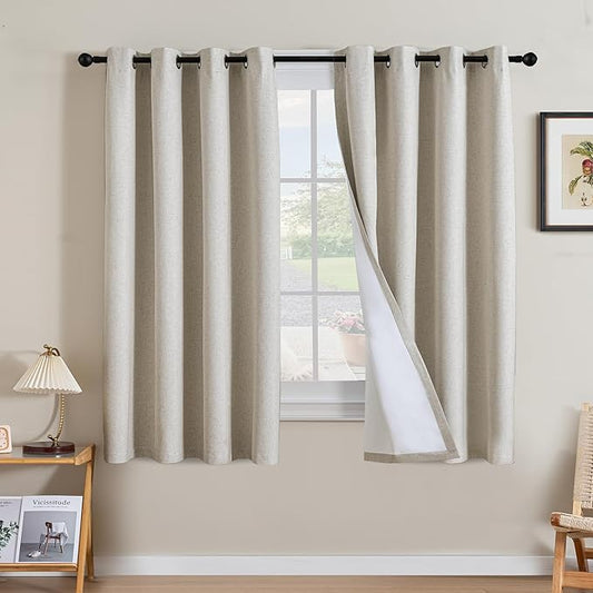 H.VERSAILTEX Linen Curtains 100% Blackout Curtains for Bedroom 63 inch Long Full Light Blocking Nature Linen Blended Window Curtains for Living Room Nickel Grommet (2 Panels, Heathered Linen)